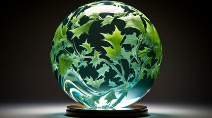 Capture an image of a glass globe with intricate, fractal-like patterns formed by swirling leaves and water droplets, symbolizing the natural origins of renewable energy