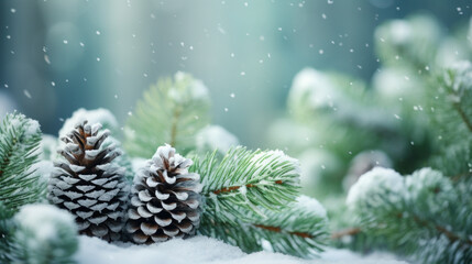 Nature in winter: Spruce, cones and snow. Christmas atmosphere. Generative AI