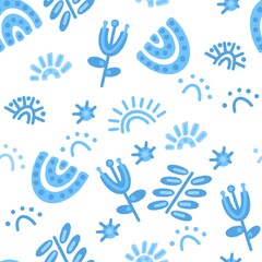 Seamless abstract botanical pattern. Blue, white. Illustration. Ethnic floral elements. Flowers, rainbows, leaves. Design for textile fabrics, wrapping paper, background, wallpaper, cover.