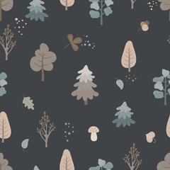 Simple seamless pattern with abstract trees, mushrooms and berries on a black background. Design for wrapping paper, wallpaper, fabric, textile