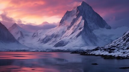 Fototapeta premium Pink winter sunrise shines arcross Stortind mountain peak,