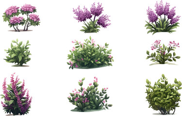 Set of flower bushes on a white background. Generative AI