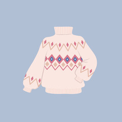 High neck sweater with vintage patterns flat illustration isolated on colored background. Women winter clothes vector.