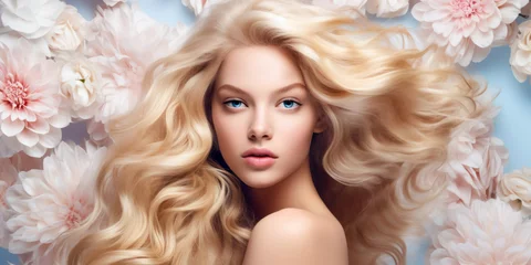Stof per meter Schoonheidssalon Beauty blonde woman long wavy hair, healthy skin, natural makeup, blue eyes on flowers background