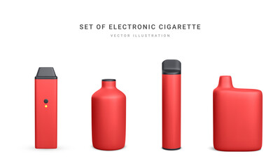Set of 3d realistic disposable electronic cigarette isolated on white background. Modern smoking, vaping and nicotine with different flavors. Vector illustration
