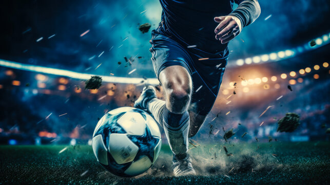 Football Drama by Night: Cleat's Impact with Ball Captured Close-Up