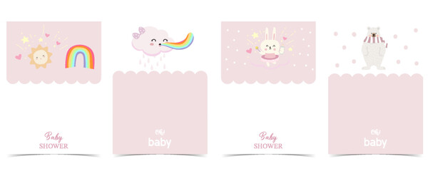 Fototapeta na wymiar Baby shower invitation card with rainbow, bear for kid birthday, celebration