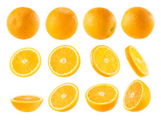 Juicy oranges collection. Whole, halfs, round slices fruits closeup, different sides, isolated on white background, studio. Tropical fresh citrus fruits - design element for advertising, card, poster.
