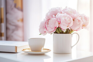Fototapeta na wymiar An organized workspace with peonies, a beautiful bouquet, coffee, and professional accessories