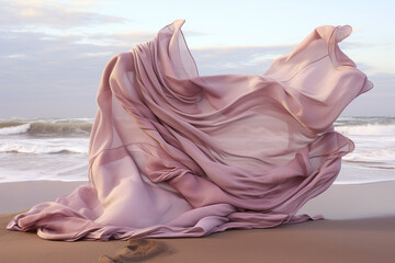 A fashionably levitating silk scarf against a coastal beach backdrop, symbolizing freedom and style