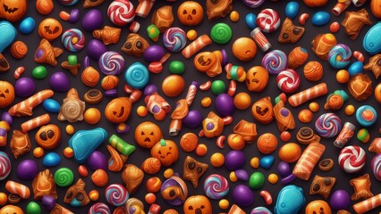 Fototapeta na wymiar Colorful candies in bag on Halloween background. 
