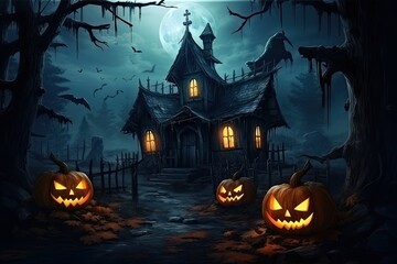 Fototapeta na wymiar Night Halloween in the forest. Creepy illuminated pumpkins and a dark castle . Generative AI