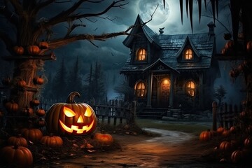 Fototapeta na wymiar Night Halloween in the forest. Creepy illuminated pumpkins and a dark castle . Generative AI