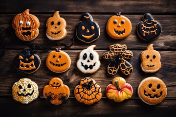 Halloween baking on a kitchen counter, featuring themed cookies and cakes. Generative AI