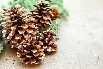 Christmas decoration with pine cones and fir tree branches on stone background. copy space for text