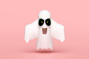 Fototapeta premium 3d halloween holiday party with cute ghost flying, sunglasses, flame in eye isolated on pink background. 3d render illustration