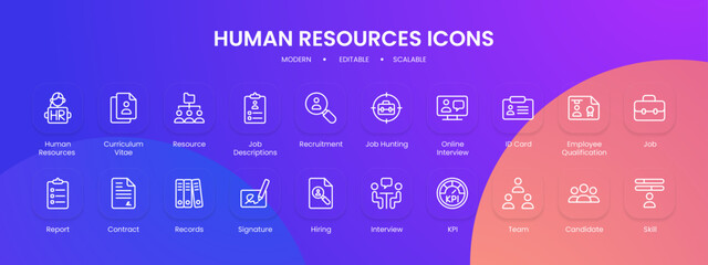 Human resources icon collection with black outline style. business, team, teamwork, set, work, management, symbol. Vector Illustration