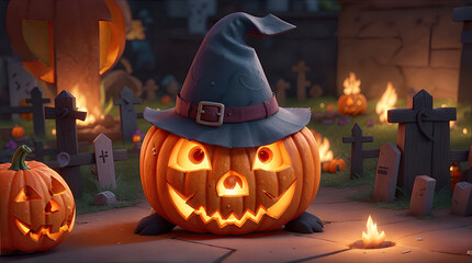 Cute 3D Halloween Background with pumpkin jack o lantern