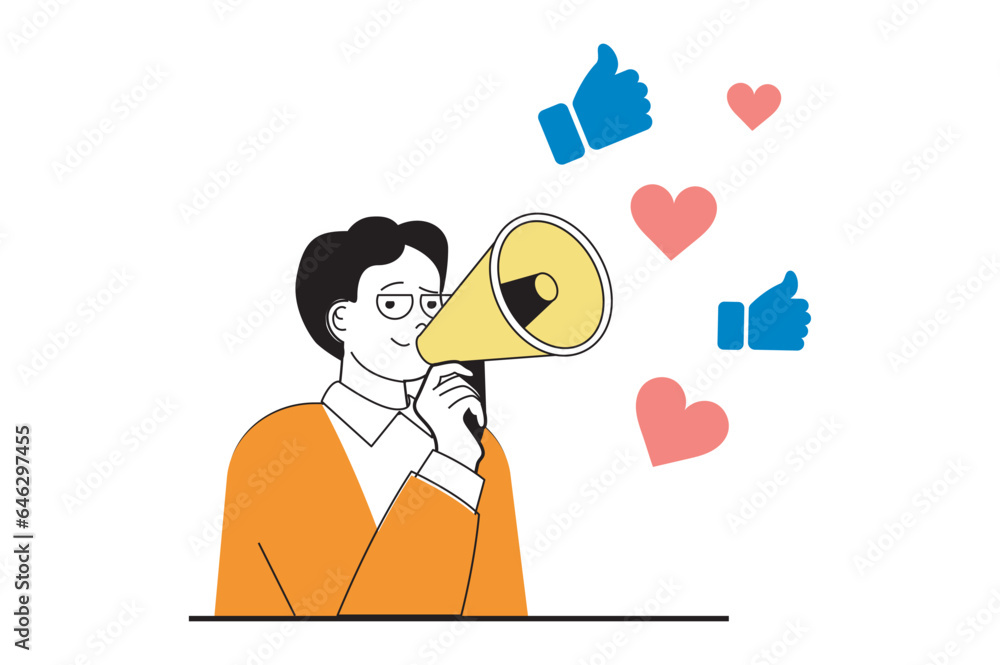 Poster social media concept with people scene in flat web design. man with megaphone makes new posts and ge