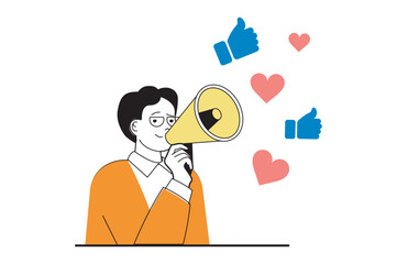 Social media concept with people scene in flat web design. Man with megaphone makes new posts and gettings likes and hearts reaction. Vector illustration for social media banner, marketing material.