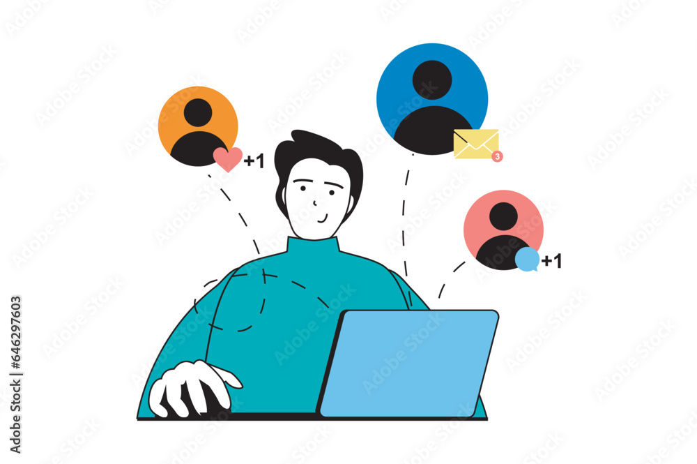 Aufkleber social media concept with people scene in flat web design. man getting notification about new likes 