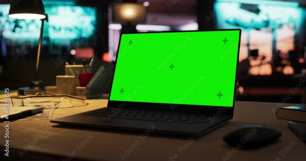 Poster zoom in of mock-up green screen on a laptop standing on the top of a wooden table. in the background