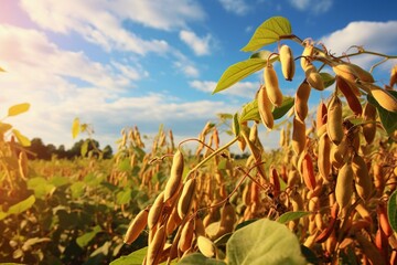 A bright soybean field filled with ripe pods. Generative AI - obrazy, fototapety, plakaty