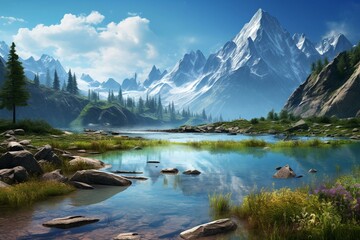 Scenic summer landscape with tall mountains and crystal-clear lake. Generative AI