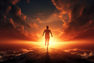 Sport and lifestyle concept. Runner dark silhouette running in to the sunset. Generative AI
