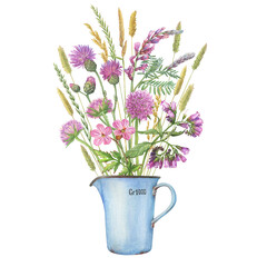Old blue enamel water pitcher with field thistle, sainfoin, comfre, mouse peas pink, vicia cracca, woodland geranium and sweet scabiosa flowers. Hand drawn watercolor painting illustration isolated