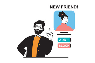 Social media concept with people scene in flat web design. Man gets notification about new friend and choosing to add woman or block. Vector illustration for social media banner, marketing material.