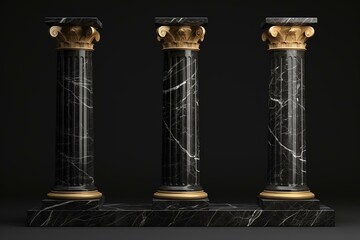 3D-rendered marble columns on black podium. Generative AI
