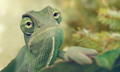 The chameleon is a fascinating and highly specialized reptile known for its remarkable ability to change the color of its skin and its distinctive appearance.  © Gihan