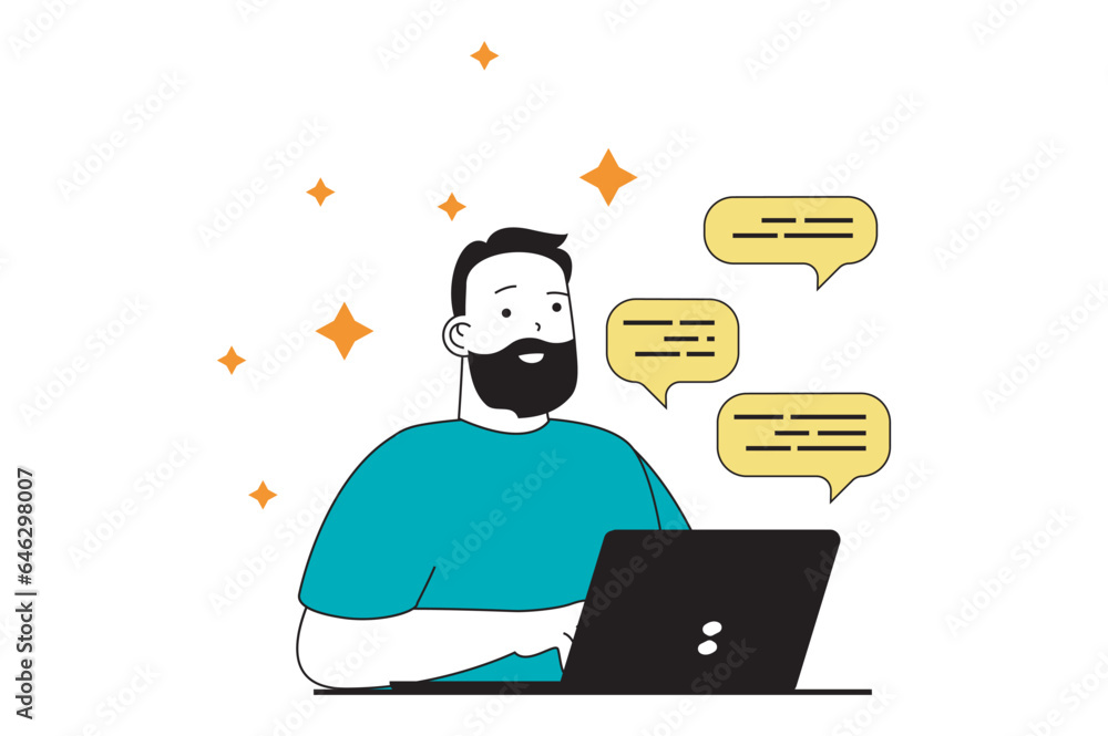 Aufkleber social media concept with people scene in flat web design. man chatting with friends at networks and