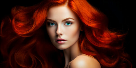 Obraz premium Young red haired woman with gorgeous voluminous long hair, dense, hairstyle. hair dye, hairstyle