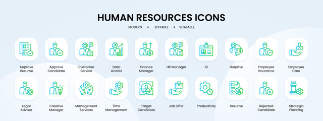 Human resources icon collection with blue and green gradient outline style. business, team, teamwork, set, work, management, symbol. Vector Illustration