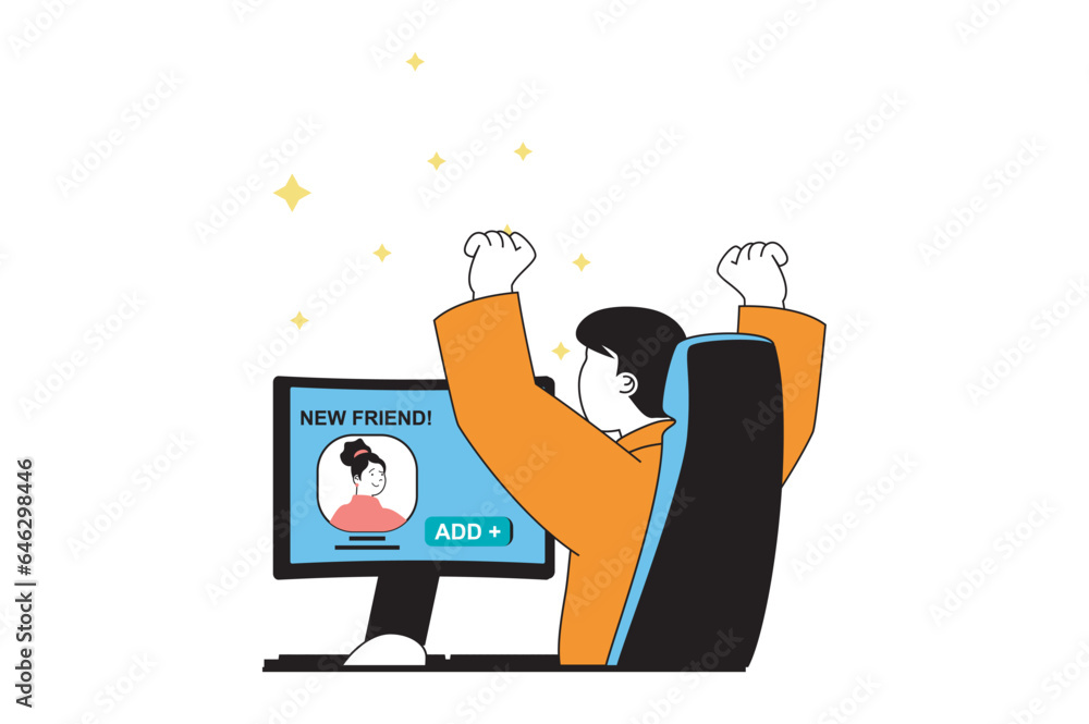 Aufkleber social media concept with people scene in flat web design. man using networks, finding and adding ne