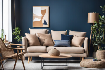 generative AI, Luxurious modern decoration style dark blue and white family reception room
