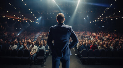Back view of motivational speaker standing on stage in front of audience for motivation speech on conference or business event. 