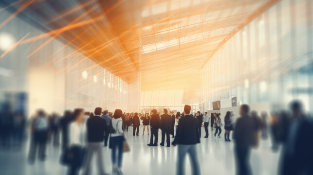 Blur, defocused background of public exhibition hall. Business tradeshow, job fair, or stock market. Organization or company event, commercial trading, or shopping mall marketing advertisement concept