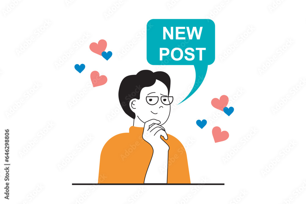 Poster social media concept with people scene in flat web design. man making new post and getting new heart