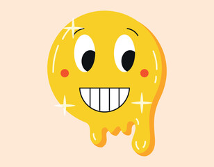 Funny laughing melting emoticon. Vector cartoon isolated retro emoji sticker, 90s style
