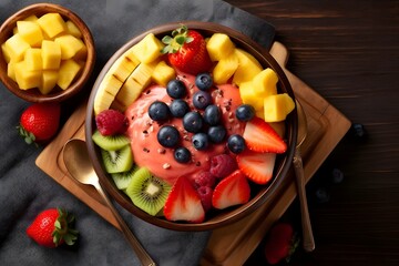 Healthy fruit salad bowl with strawberries, blueberries, kiwi, mango and coconut milk on wooden background