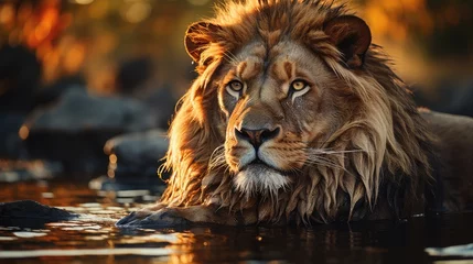 Foto op Plexiglas The lion looks at his reflection in the water against the backdrop of the jungle © MBRAMO