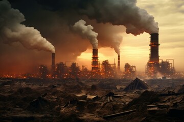 Polluted sky with industrial smokestacks emitting fumes of metal processing or waste incineration. Generative AI