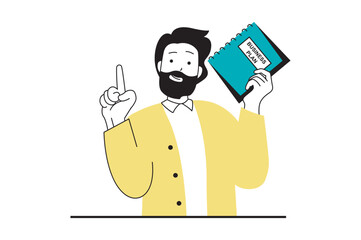 Startup business concept with people scene in flat web design. Man brainstorming and creating business plan, makes strategy analysis. Vector illustration for social media banner, marketing material.