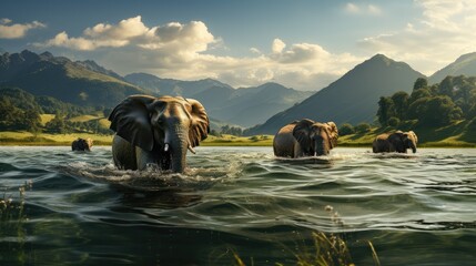 A herd of elephants are having fun bathing in the lake with a mountain view in the background