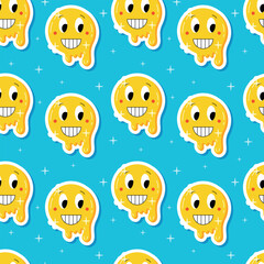 Fototapeta premium Funny laughing melting emoticon. Vector cartoon seamless pattern with retro emoji sticker, 90s style