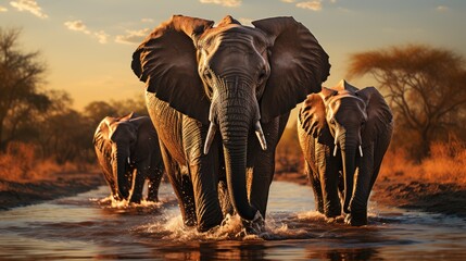 Fototapeta na wymiar A herd of elephants walking through a puddle of water