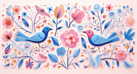 Fototapeta na wymiar A vibrant painting of a bird soaring among a flurry of colorful flowers evokes a feeling of freedom and joy